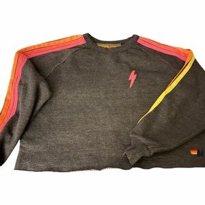 Aviator Nation Blue Crew Sweatshirt with Pink, Orange and Yellow Stripes